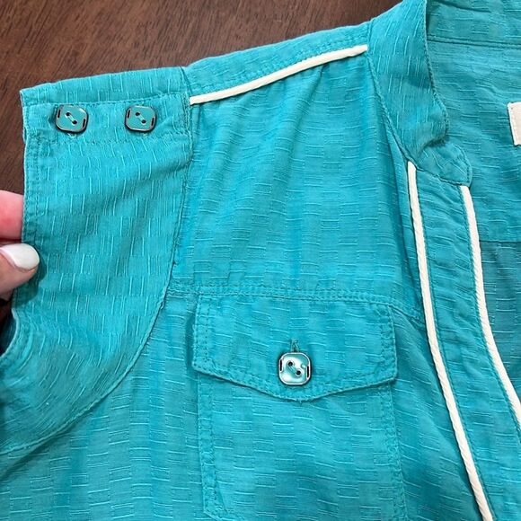 Diesel Y2K Textured Button Front Blouse XXS Green Cap Sleeve Contrast Trim 00s - Picture 9 of 11